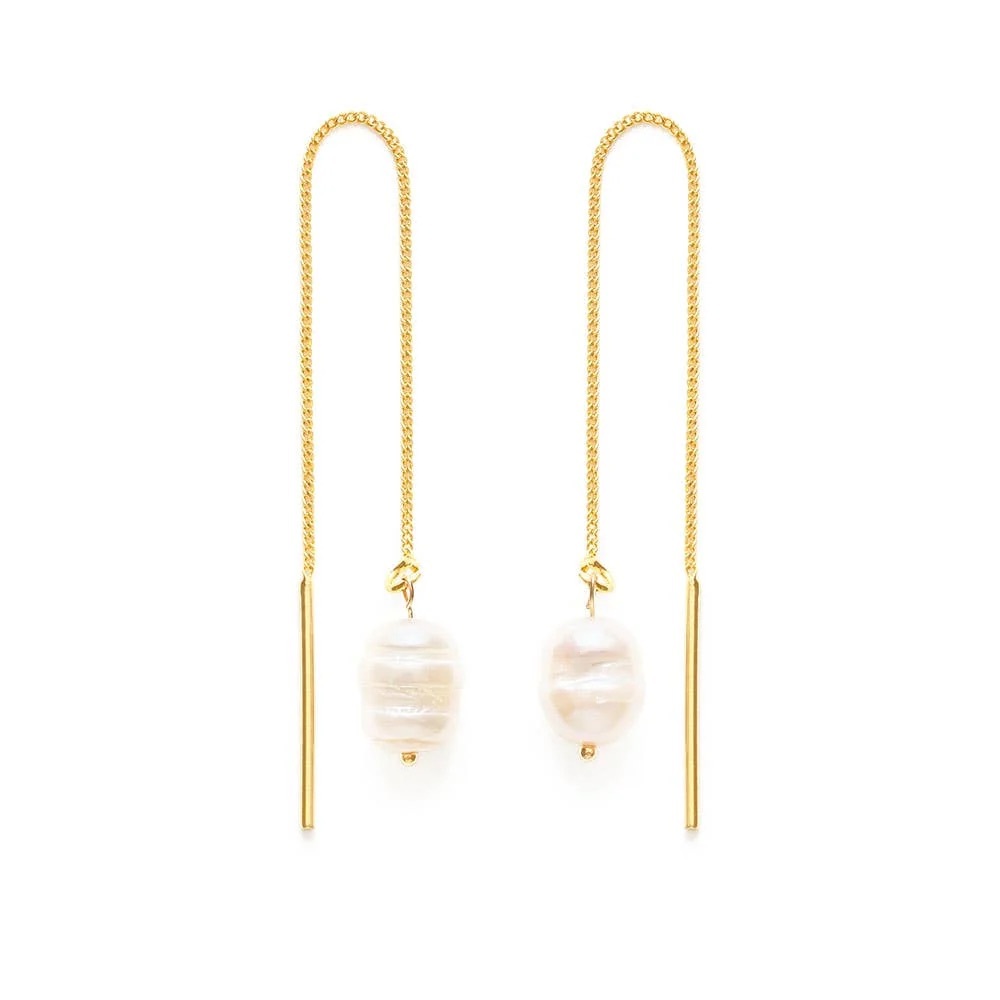 Freshwater Pearl Threader Earrings - 14k gold dipped, eco-friendly